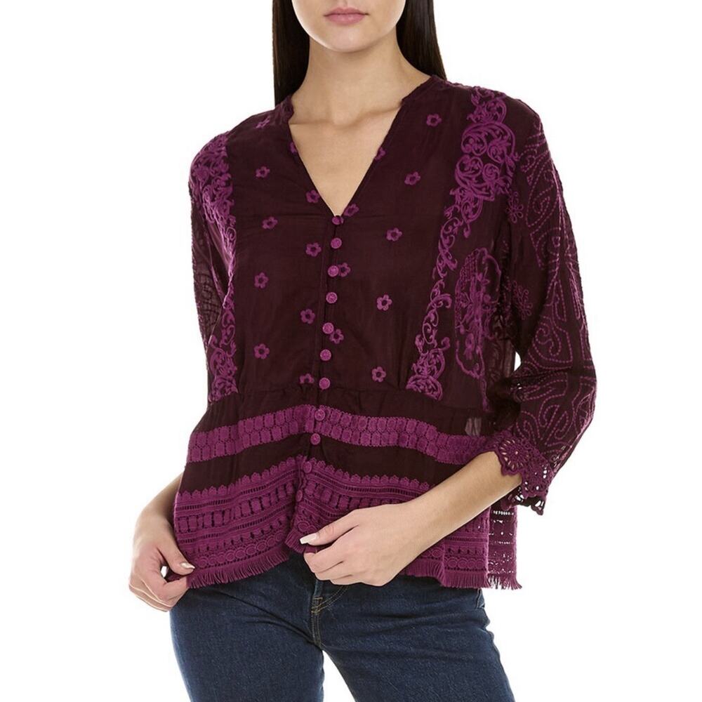 Johnny Was Juniper Embroidered Floral Blouse Jam Purple Womens XL Cupra Rayon